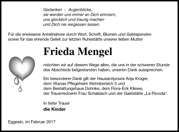 Traueranzeige von Frieda Mengel von Haff-Zeitung
