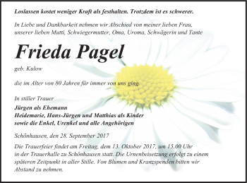 Traueranzeige von Frieda Pagel von Pasewalker Zeitung