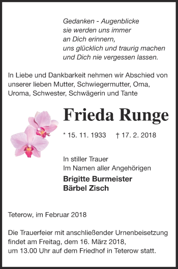 Traueranzeige von Frieda Runge von Mecklenburger Schweiz