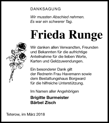 Traueranzeige von Frieda Runge von Mecklenburger Schweiz
