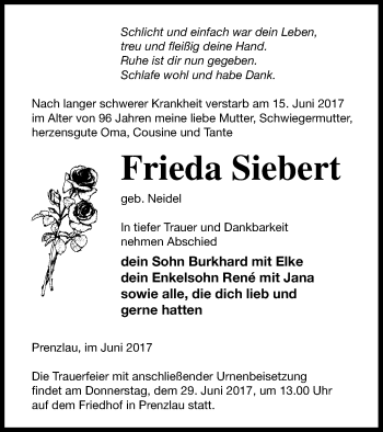 Traueranzeige von Frieda Siebert von Prenzlauer Zeitung