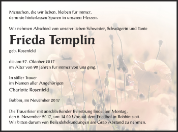 Traueranzeige von Frieda Templin von Mecklenburger Schweiz