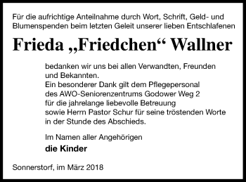 Traueranzeige von Frieda Wallner von Mecklenburger Schweiz