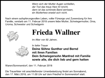 Traueranzeige von Frieda Wallner von Müritz-Zeitung