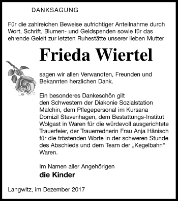 Traueranzeige von Frieda Wiertel von Mecklenburger Schweiz