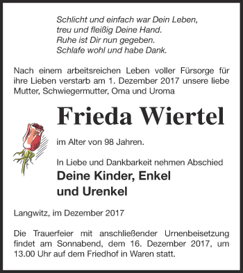 Traueranzeige von Frieda Wiertel von Mecklenburger Schweiz