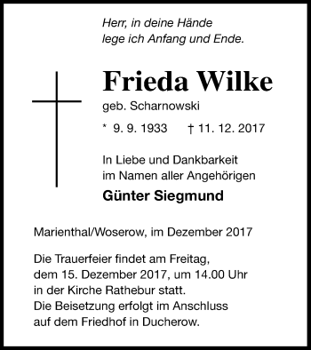 Traueranzeige von Frieda Wilke von Vorpommern Kurier