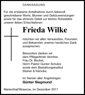 Traueranzeige von Frieda Wilke von Vorpommern Kurier