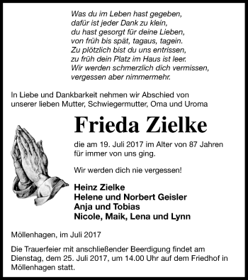 Traueranzeige von Frieda Zielke von Müritz-Zeitung