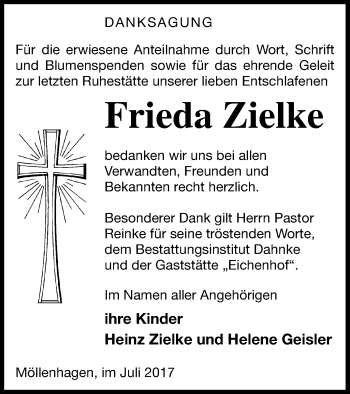 Traueranzeige von Frieda Zielke von Müritz-Zeitung