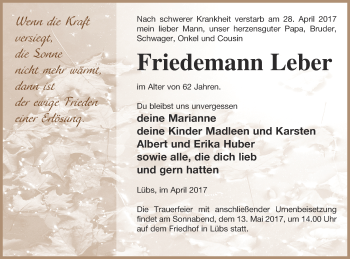 Traueranzeige von Friedemann Leber von Haff-Zeitung