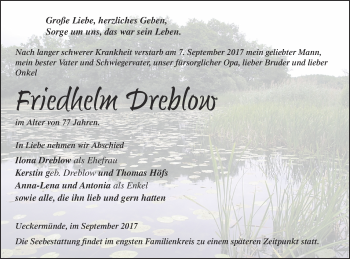 Traueranzeige von Friedhelm Dreblow von Haff-Zeitung