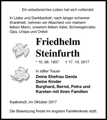 Traueranzeige von Friedhelm Steinfurth von Templiner Zeitung