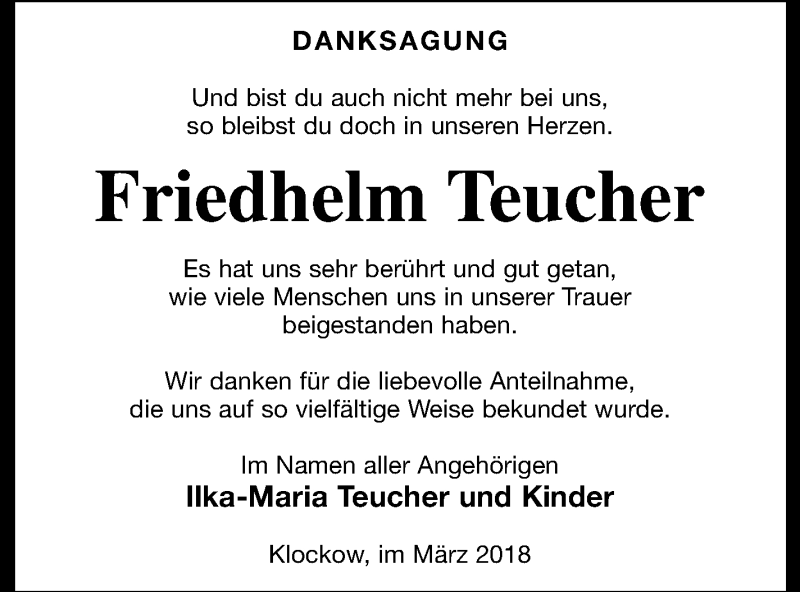  Traueranzeige für Friedhelm Teucher vom 09.03.2018 aus Prenzlauer Zeitung