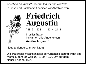 Traueranzeige von Friedrich Augustin von Neubrandenburger Zeitung