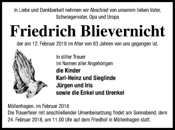 Traueranzeige von Friedrich Blievernicht von Müritz-Zeitung