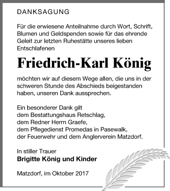 Traueranzeige von Friedrich-Karl König von Pasewalker Zeitung