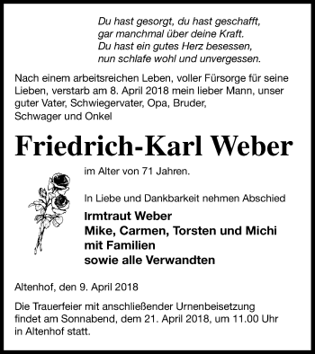 Traueranzeige von Friedrich-Karl Weber von Müritz-Zeitung