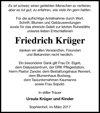 Traueranzeige von Friedrich Krüger von Vorpommern Kurier