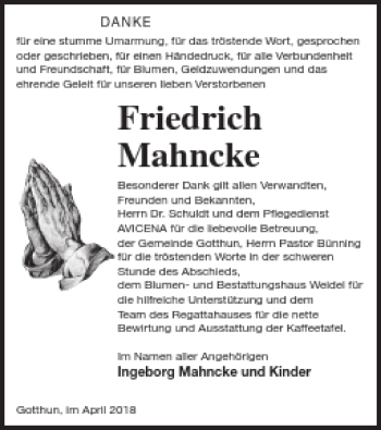 Traueranzeige von Friedrich Mahncke von Müritz-Zeitung