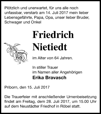 Traueranzeige von Friedrich Nietiedt von Müritz-Zeitung