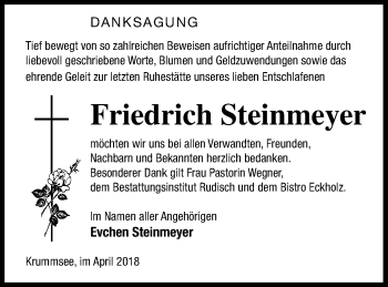 Traueranzeige von Friedrich Steinmeyer von Mecklenburger Schweiz