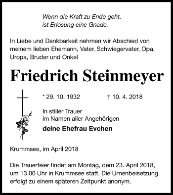 Traueranzeige von Friedrich Steinmeyer von Mecklenburger Schweiz