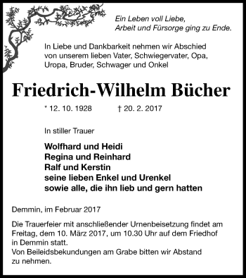 Traueranzeige von Friedrich-Wilhelm Bücher von Demminer Zeitung