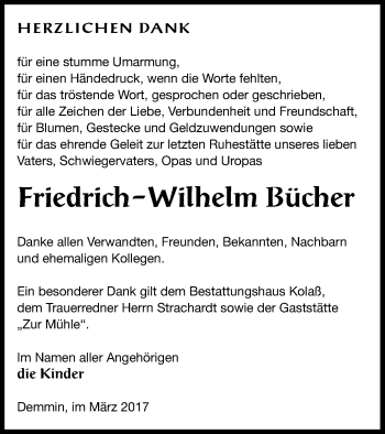 Traueranzeige von Friedrich-Wilhelm Bücher von Demminer Zeitung