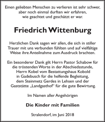 Traueranzeige von Friedrich Wittenburg von Zeitung für die Landeshauptstadt