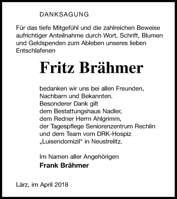 Traueranzeige von Fritz Brähmer von Strelitzer Zeitung