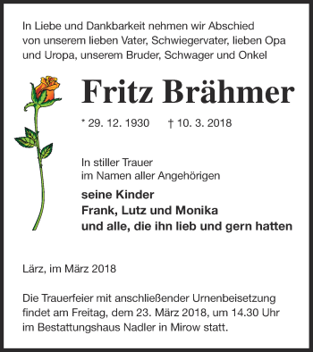 Traueranzeige von Fritz Brähmer von Müritz-Zeitung