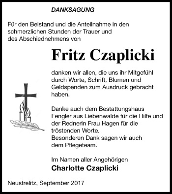 Traueranzeige von Fritz Czaplicki von Strelitzer Zeitung