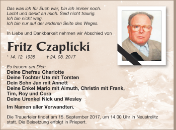 Traueranzeige von Fritz Czaplicki von Strelitzer Zeitung