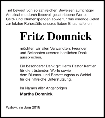 Traueranzeige von Fritz Domnick von Müritz-Zeitung