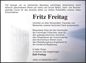 Traueranzeige von Fritz Freitag von Müritz-Zeitung