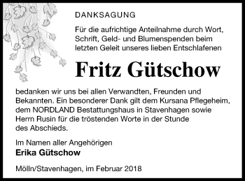 Traueranzeige von Fritz Gütschow von Mecklenburger Schweiz