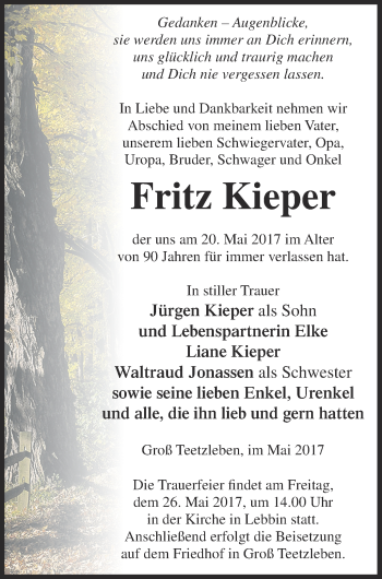 Traueranzeige von Fritz Kieper von Neubrandenburger Zeitung