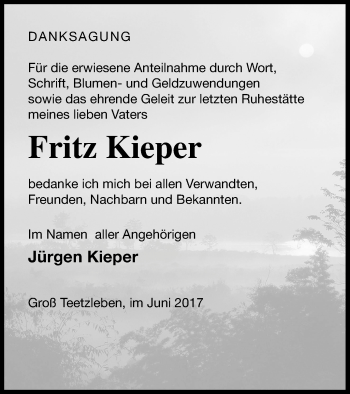 Traueranzeige von Fritz Kieper von Neubrandenburger Zeitung