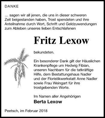 Traueranzeige von Fritz Lexow von Strelitzer Zeitung