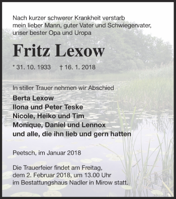 Traueranzeige von Fritz Lexow von Strelitzer Zeitung