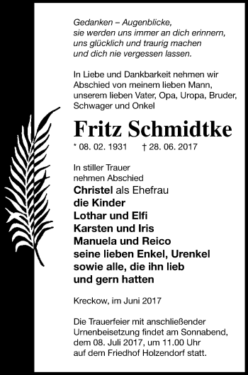 Traueranzeige von Fritz Schmidtke von Strelitzer Zeitung