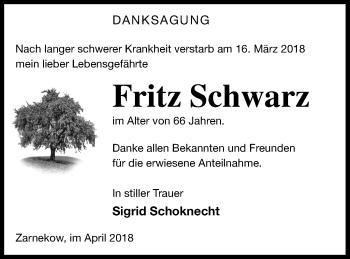 Traueranzeige von Fritz Schwarz von Mecklenburger Schweiz