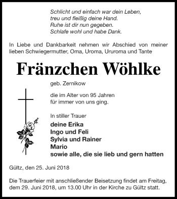 Traueranzeige von Fränzchen Wöhlke von Neubrandenburger Zeitung