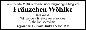 Traueranzeige von Fränzchen Wöhlke von Treptower Tageblatt