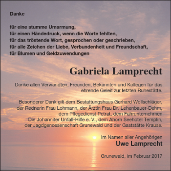 Traueranzeige von Gabriela Lamprecht von Templiner Zeitung