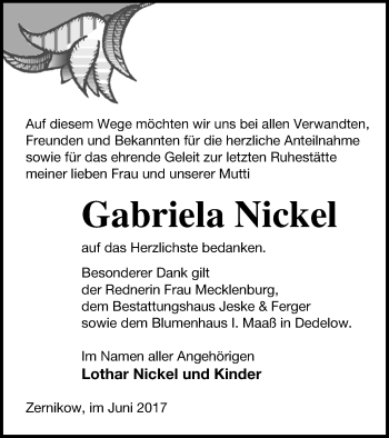 Traueranzeige von Gabriela Nickel von Prenzlauer Zeitung