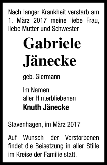 Traueranzeige von Gabriele Jänecke von Mecklenburger Schweiz