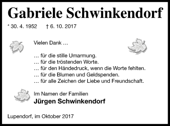 Traueranzeige von Gabriele Schwinkendorf von Mecklenburger Schweiz