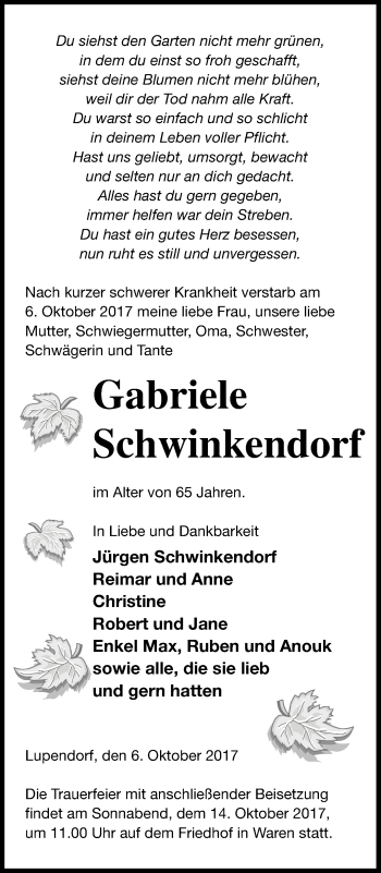 Traueranzeige von Gabriele Schwinkendorf von Mecklenburger Schweiz